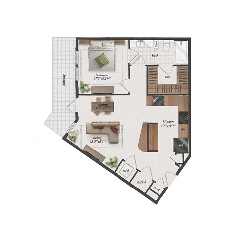 Floor plan for 1 bed, 1 bath, 771 sqft